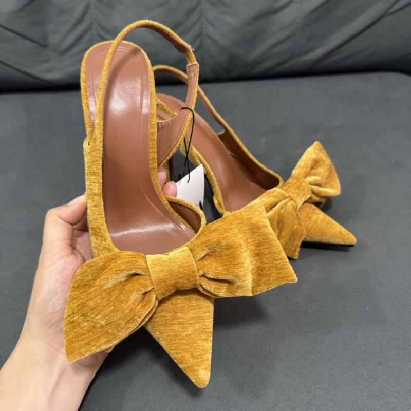 Moda Zapatos de Tacón Alto Mula Puntiaguda de Terciopelo Amarillo con Lazo para Mujer