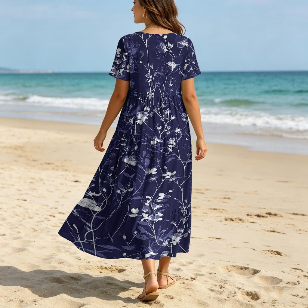 Women’s Short Sleeve V Neck Maxi Dress with Star Print Loose Fit Casual Flowing Hem Lightweight Material