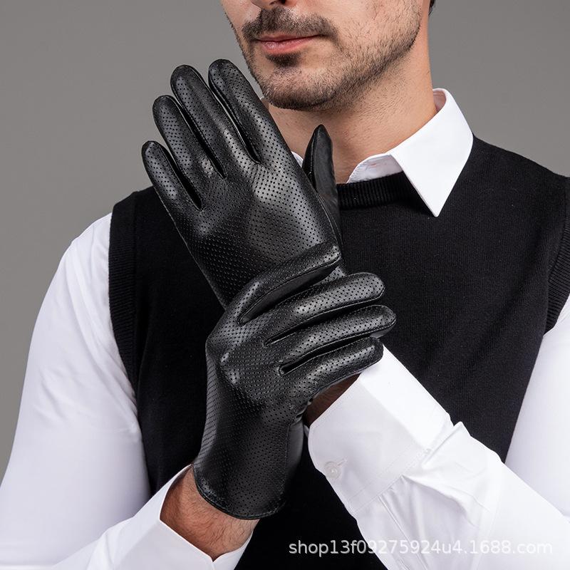 Leather Gloves Men's Thin Spring and Autumn Can Touch the Screen Fashionable Driving Riding Motorcycle Handsome First Layer Sheepskin Breathable