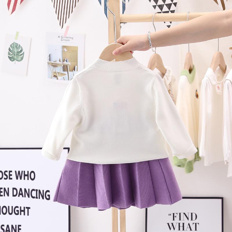 New Girls' Spring Knitted Set Cute Crochet Sweater Dress Warm Cardigan Pleated Skirt