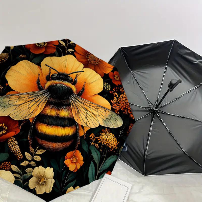 1pc Bee Flowers Automatic Folding Umbrella, Heavy Duty 8 Rib Iron Frame,  Suitable for Travel, Daily Use, Birthday, Decor Gift M0104067