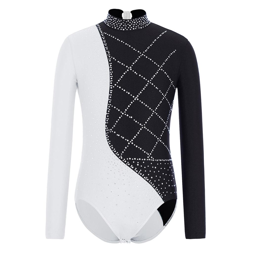 Girls Metallic Gymnastics Bodysuit Long Sleeve Rhinestone Color Block Leotard Competition Dancewear