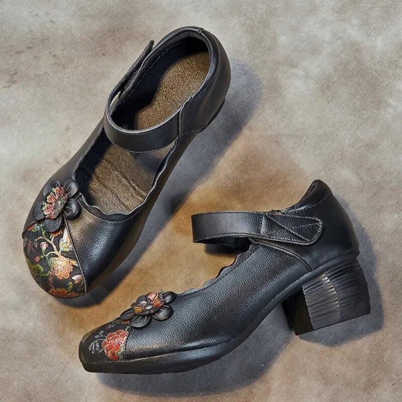 Johnature Etninio stiliaus natūralios odos marginti moteriški batai retro apvalūs pirštai stori kulnai minkšto pado pompos