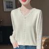 Sheer Sleeve V-Neck Knitwear: Spring/Summer Hollowed-Out Women’s Versatile Base for Elegant Mom Style