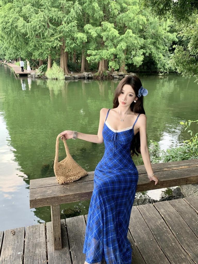 (Exclusive) Summer Beautiful Small Skirt Blue Plaid Suspender Dress, Summer New Long Dress Women's Clothing