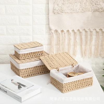 Handwoven Storage Box Rattan Storage Baskets with Lid Wicker Desktop Sundries Cosmetics Organizer Clothes Snack Toys Storage Box