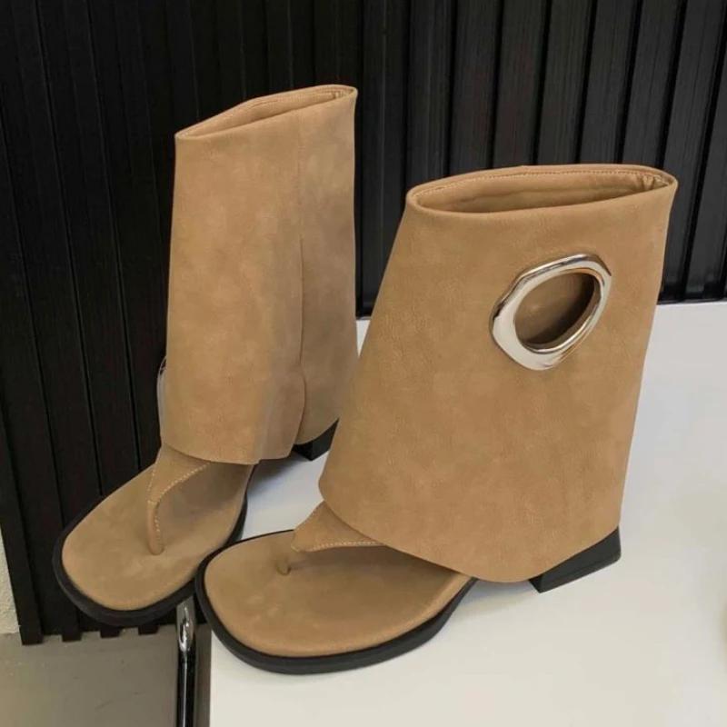 Fashion Fashion Metal Decoration Brand Ankle Boots Women High Quality Satin Clip Toe Modern Boot Retro Square Toe Flip-flops Summer Boot