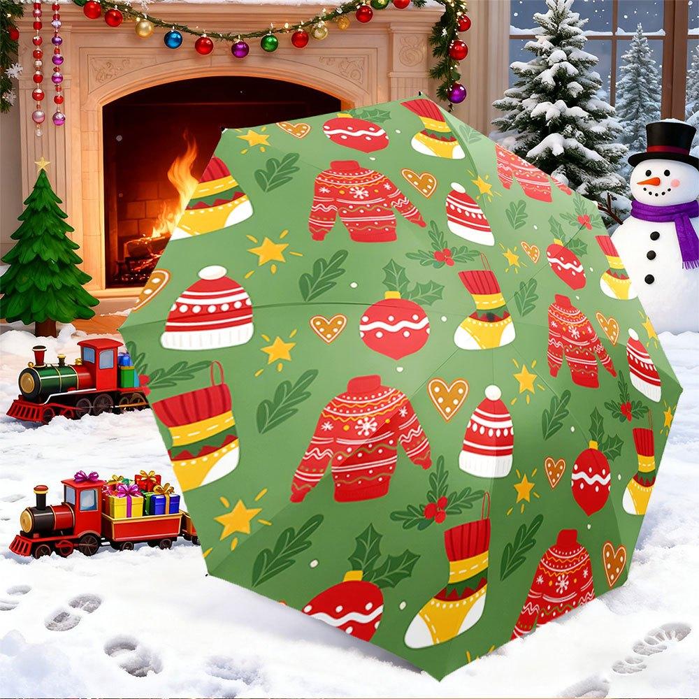 

Portable Folding Umbrella | Red Sweaters, Striped Hats, and Yellow-Striped Stockings on Green Background | Fits Travel, Backpa (as the picture,Iron&8K)