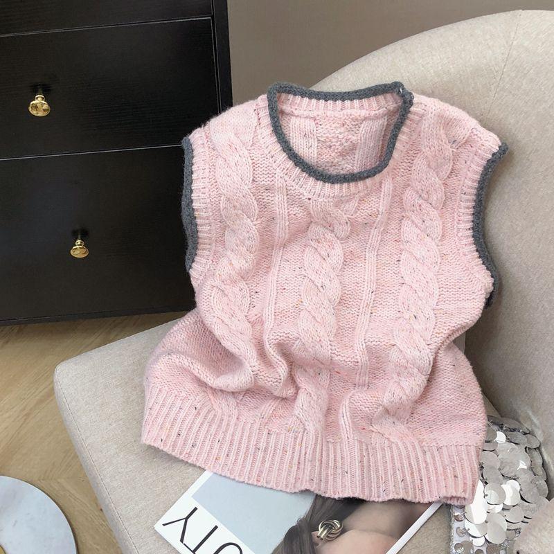 Color Block Round Neck Fried Dough Twists Pattern Knitted Vest for Women Autumn and Winter Loose Knitted Vest