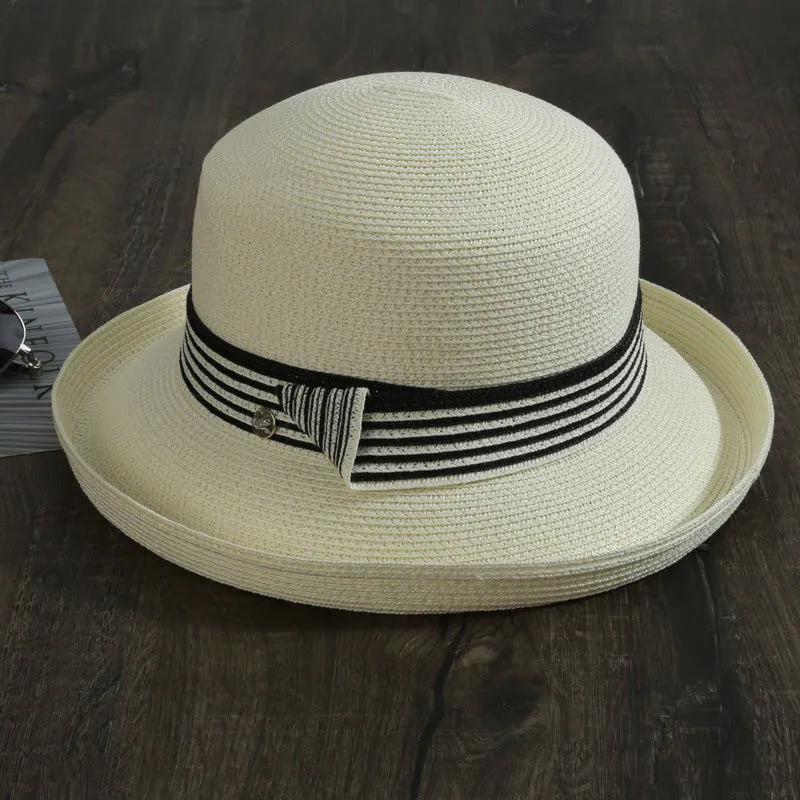 WTEMPO Elegant Casual Foldable Summer Straw Hats Women's Striped Wide Brim Solid Color Outdoor Sunscreen Hats