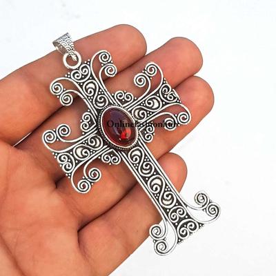 Garnet Gemstone 925 Sterling Silver Plated Cross Pendant Jewelry NNCE-401
