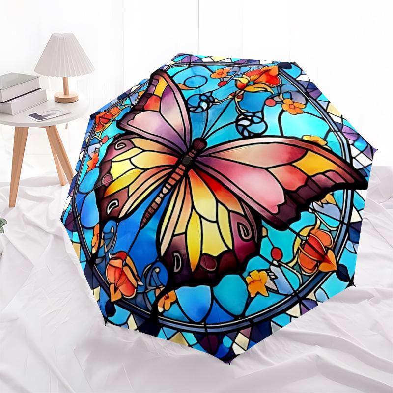 1pc Butterfly StainedGlass Automatic Folding Umbrella   Compact 8 Rib Design, Durable Iron Frame for Travel, Outdoor,  a0920090
