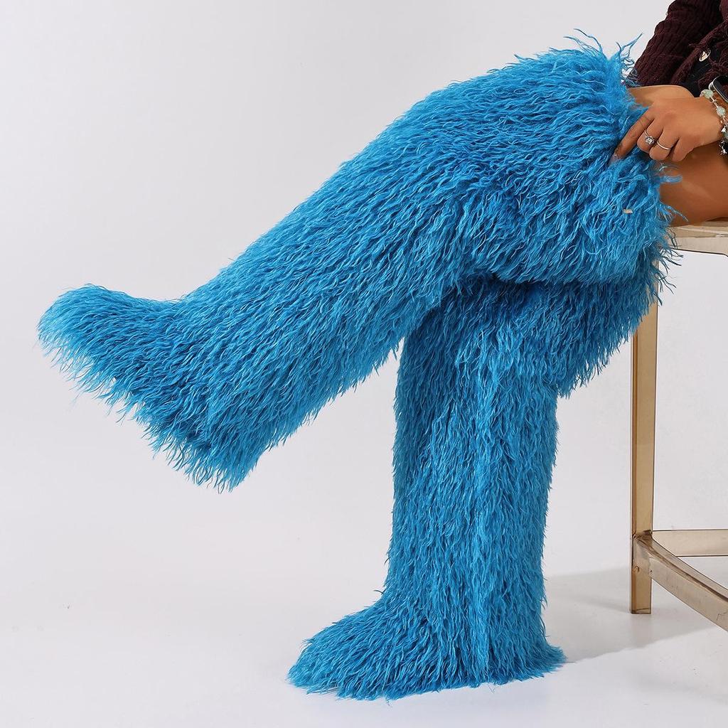 European-American 72cm Faux Tibetan Sheep Fur Thigh-High Snow Boots for Autumn & Winter
