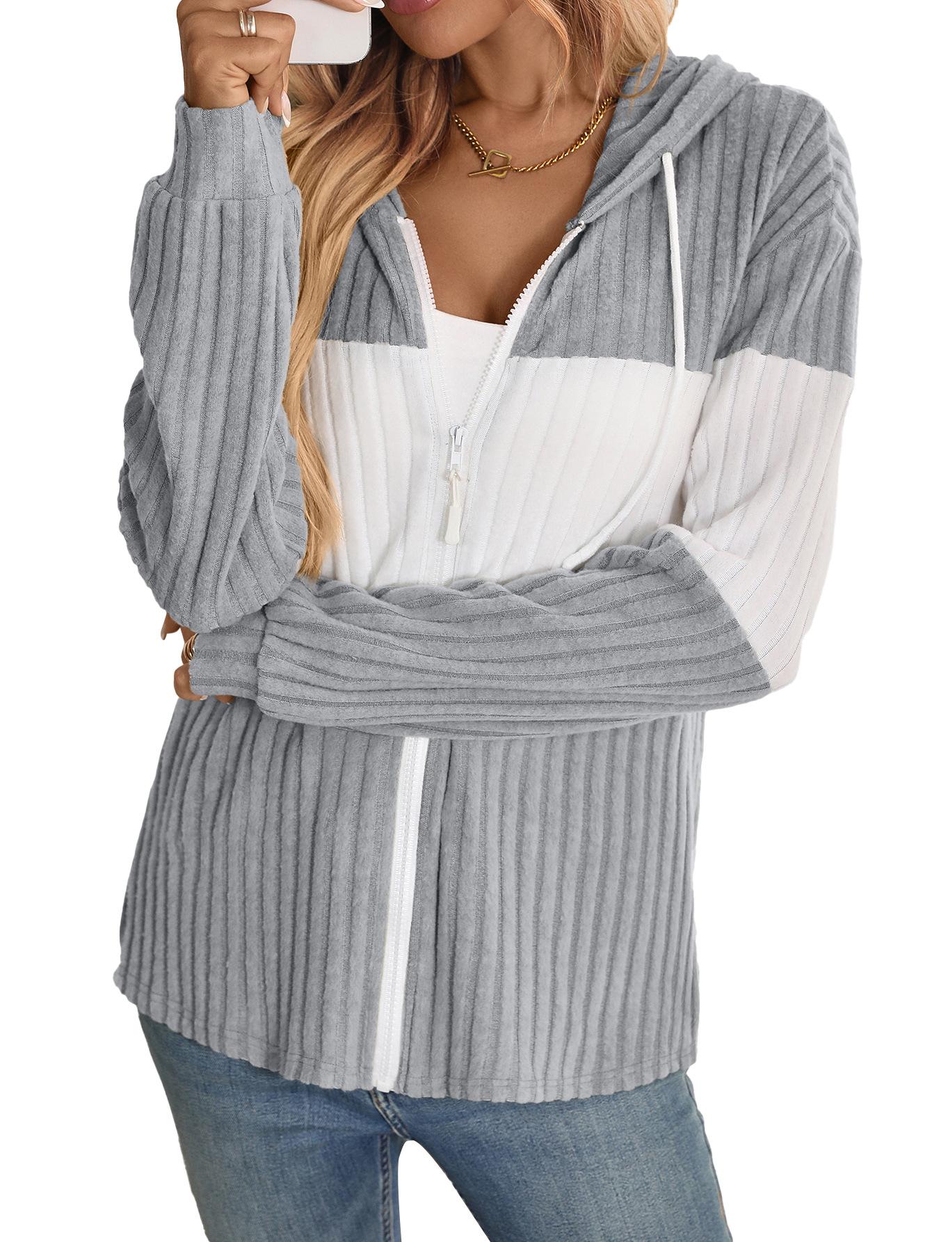 

Хай-стрит Худи Новинка Женский Кардиган на молнии Сплайсированный Повседневный Длинный рукав Цветная вставка Под кулиску Куртка Топ S серый