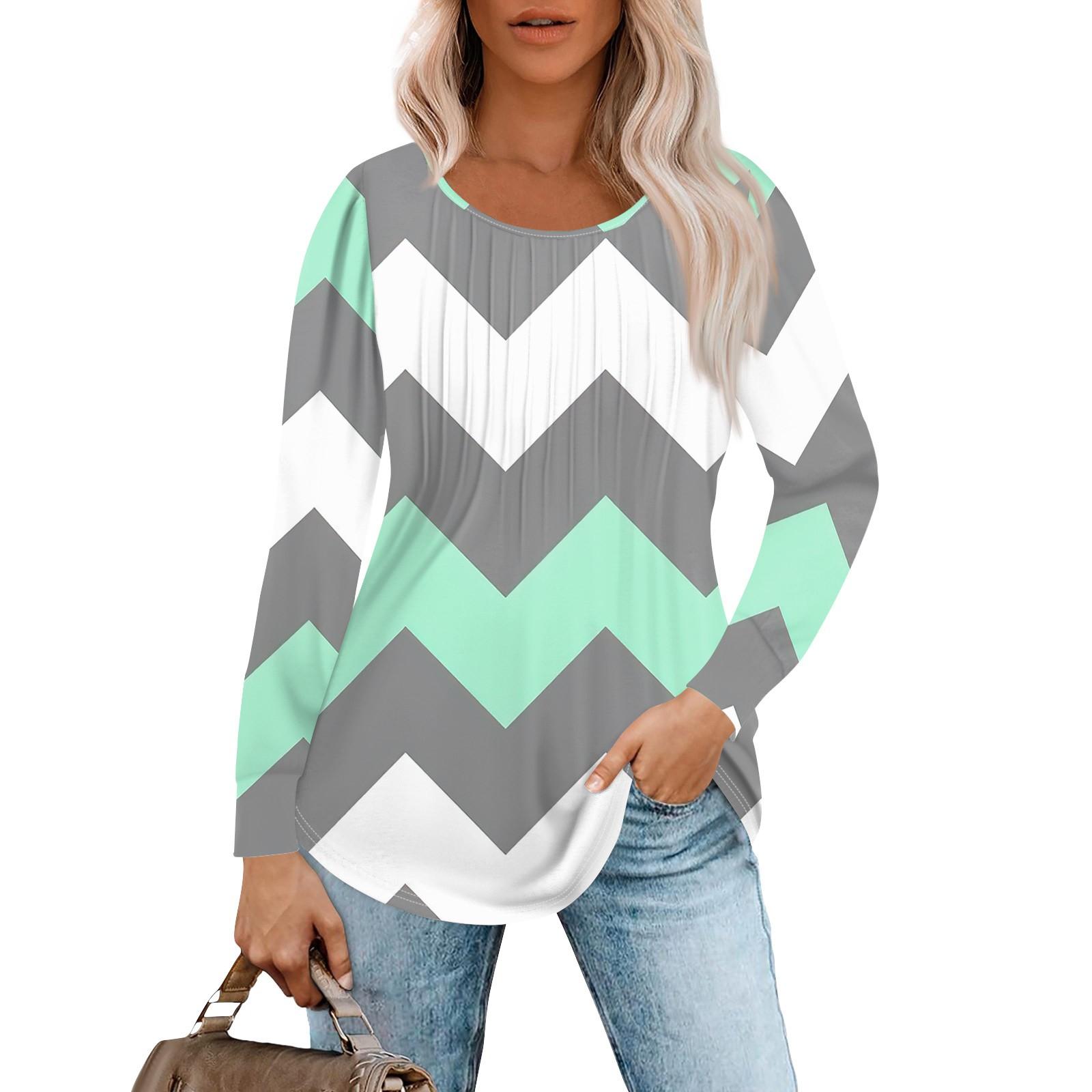 

Жіночі повсякденні топи в смужку, плісирована футболка з круглим вирізом і довгими рукавами M хакі