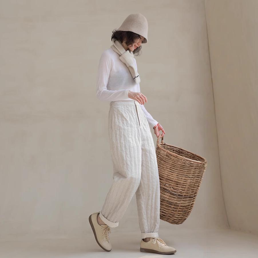 Women s Retro Artistic Linen Quilted Warm Down Pants - 95% White Goose Down, Autumn/Winter Collection Small