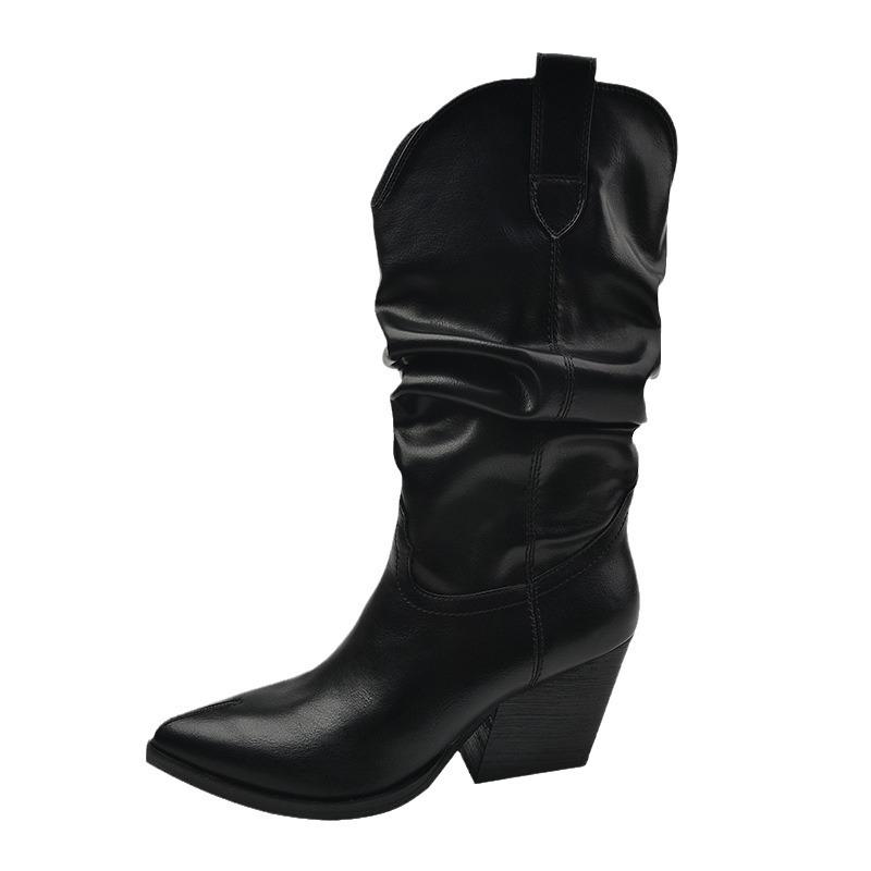 Autumn new western boots pointed middle boots large size thick heel pleated knight boots women