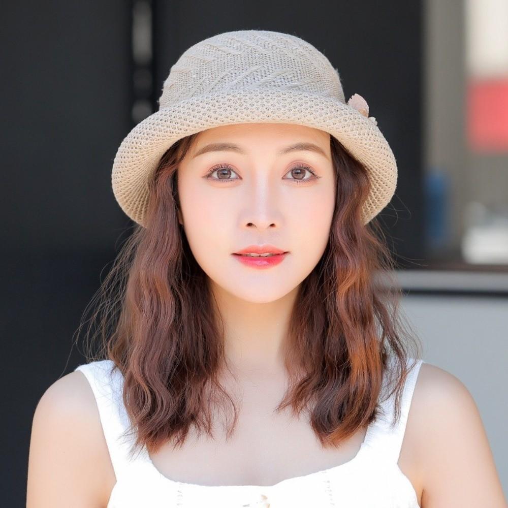 Rolled Brim Sunscreen Bucket Cap Solid Color Women Sun Cap Versatile Flower Fisherman Hat  Camping