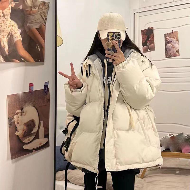 

Зимняя короткая куртка женская парки толстая теплая комбинированная парка с капюшоном оверсайз корейская мода свободная хлопковая стеганая верхняя одежда S