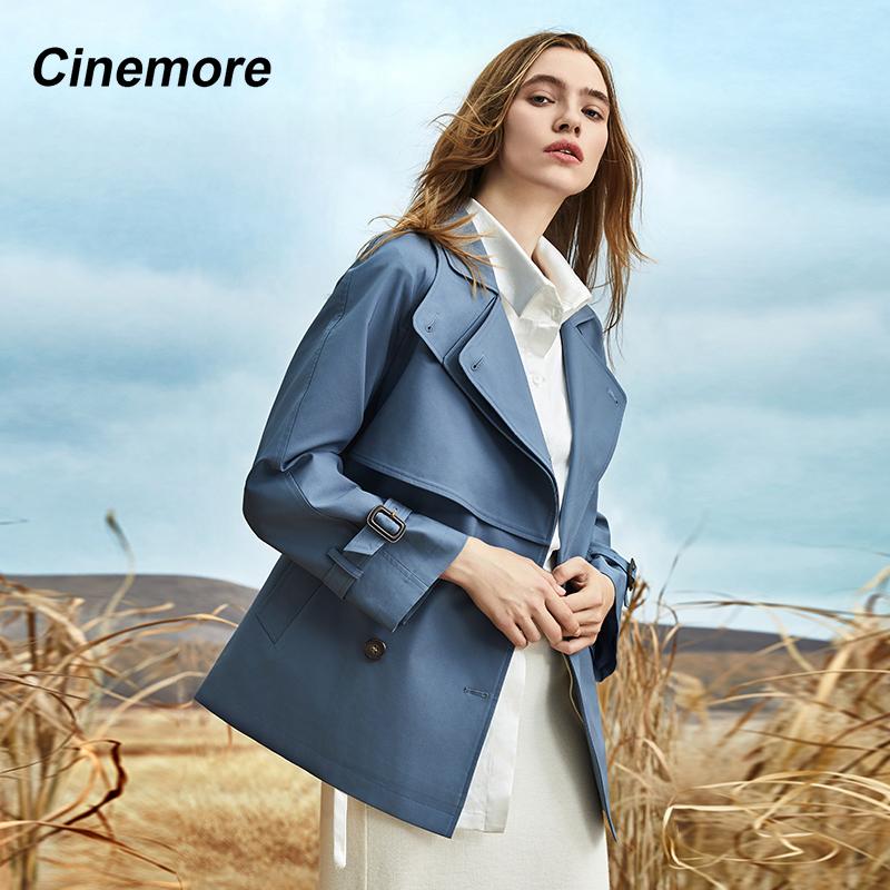Cinemore Autumn Mid-Long Trench Coat for Women Casual Windbreaker Jacket Double Breasted Lapel Belted Windproof Chic Lady Coat