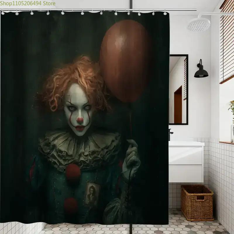 

A Bathroom Shower Curtain for Halloween Masquerade, Featuring a Clown Celebration Design, Includes 12 Hooks, Measuring 180*180 90x180cm
