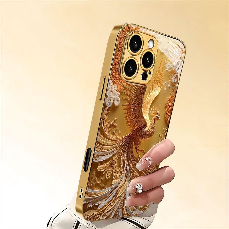 The new gold phoenix-winged electroplated glass phone case suitable for iPhone 17 16 15 14 13 12 11 and other models.