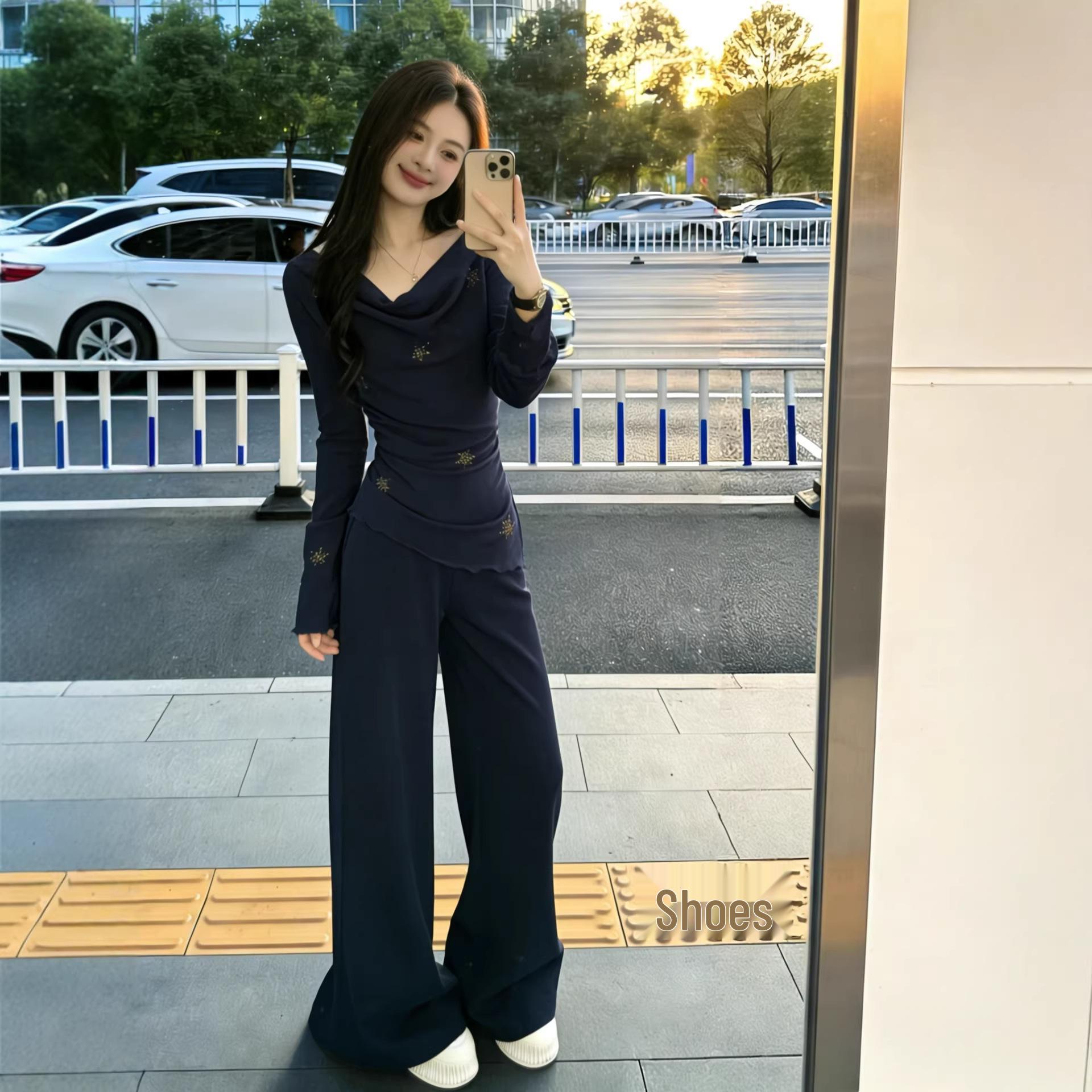 Korean Chic Slimming Black Suit Set: 2026 Spring Arrival with Boat Neck Top & Straight-Leg Pants S