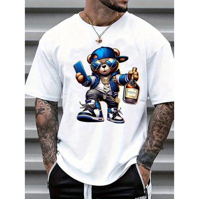 Men's Summer Fashionable Casual Loose Cartoon Bear Printed Sports Round Neck Short Sleeve T-shirt