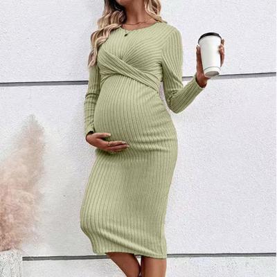Vestido de Maternidade Elegante Feminino com Gola Redonda e Nó, Ajuste Slim, Alta Elasticidade e Mangas Longas