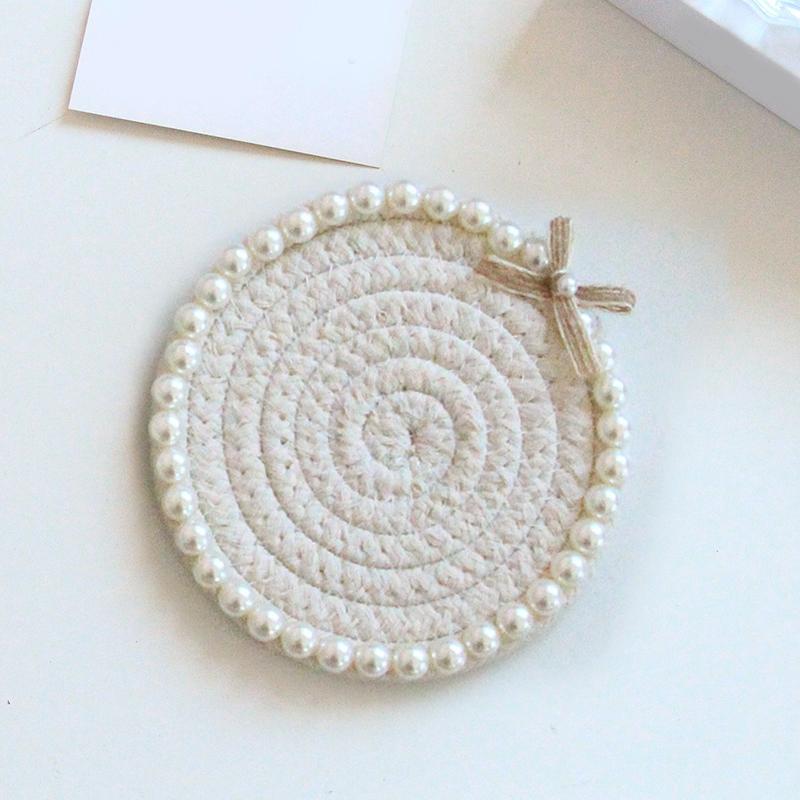 12cm*12cm Bowknot Chic Multiple Colors Ornament Pearl Handmade Cotton Rope Creative Coffee Cup Pad Home Table Decor Accessories