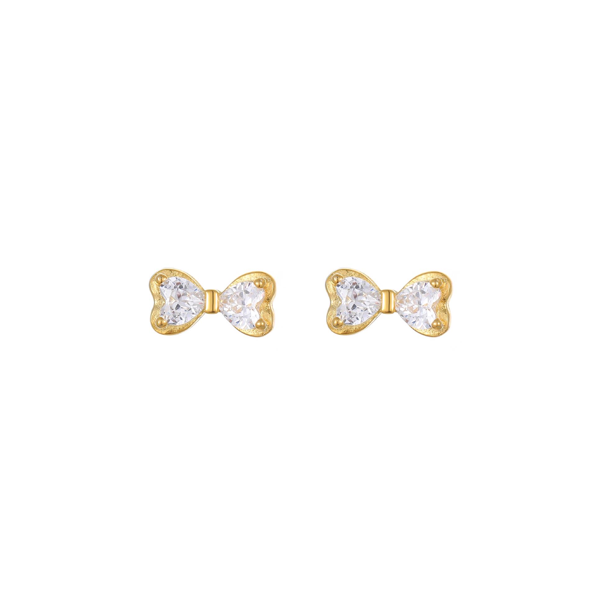 S925 Sterling Silver Double Heart Bow Stud Earrings with Zirconia for Women - Simple and Stylish Design. S925 Silver
