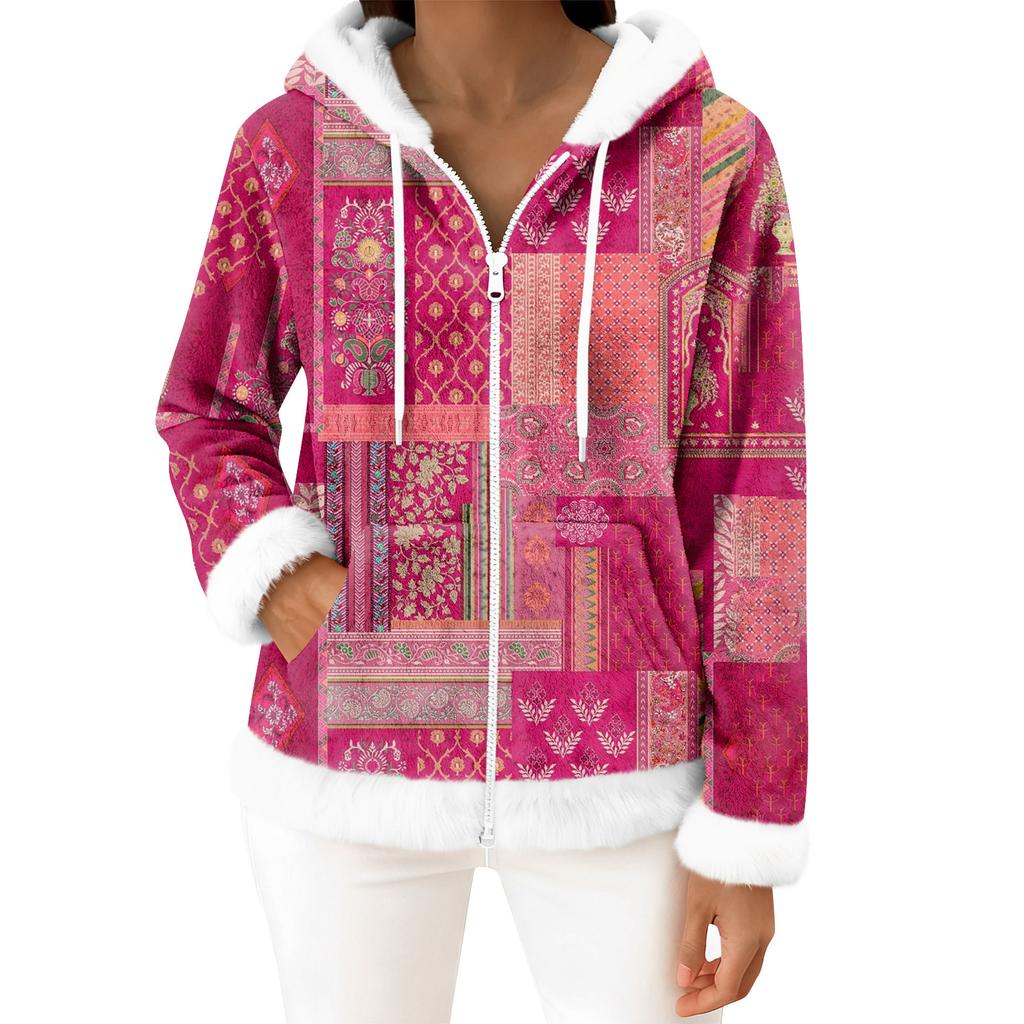 Women's Casual Fashion Long-Sleeved Zip-Up Fleece Hooded Cardigan