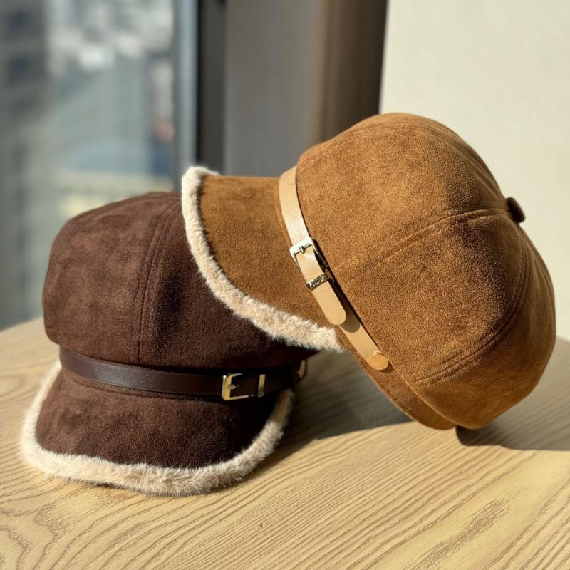 Women S Fashionable Frayed Edge Octagonal Newsboy Cap With Belt Buckle For Autumn Winter