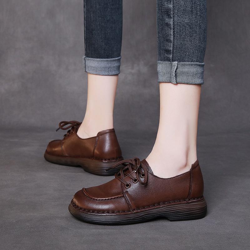 Scarpe basse casual in pelle fatte a mano per donna, autunnali, nuove, comode, stringate, in pelle di vacchetta, scarpe singole, scarpe da donna retrò, suola spessa