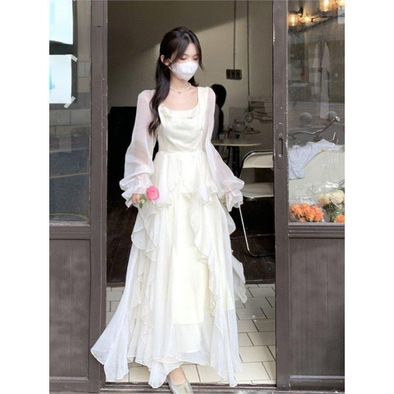 Abito lungo in chiffon fata vintage da donna bianco elegante abito longuette da festa francese manica a sbuffo abbigliamento casual da donna