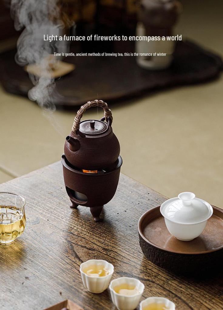 Guanlan Retro Chinese Coarse Pottery Tea Stove Set with Handle for Outdoor Camping