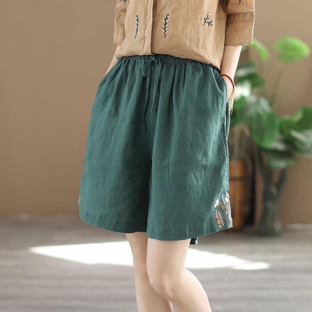 Women's High Waist Embroidered Shorts Breathable Literary Retro Cotton Linen Casual Pants