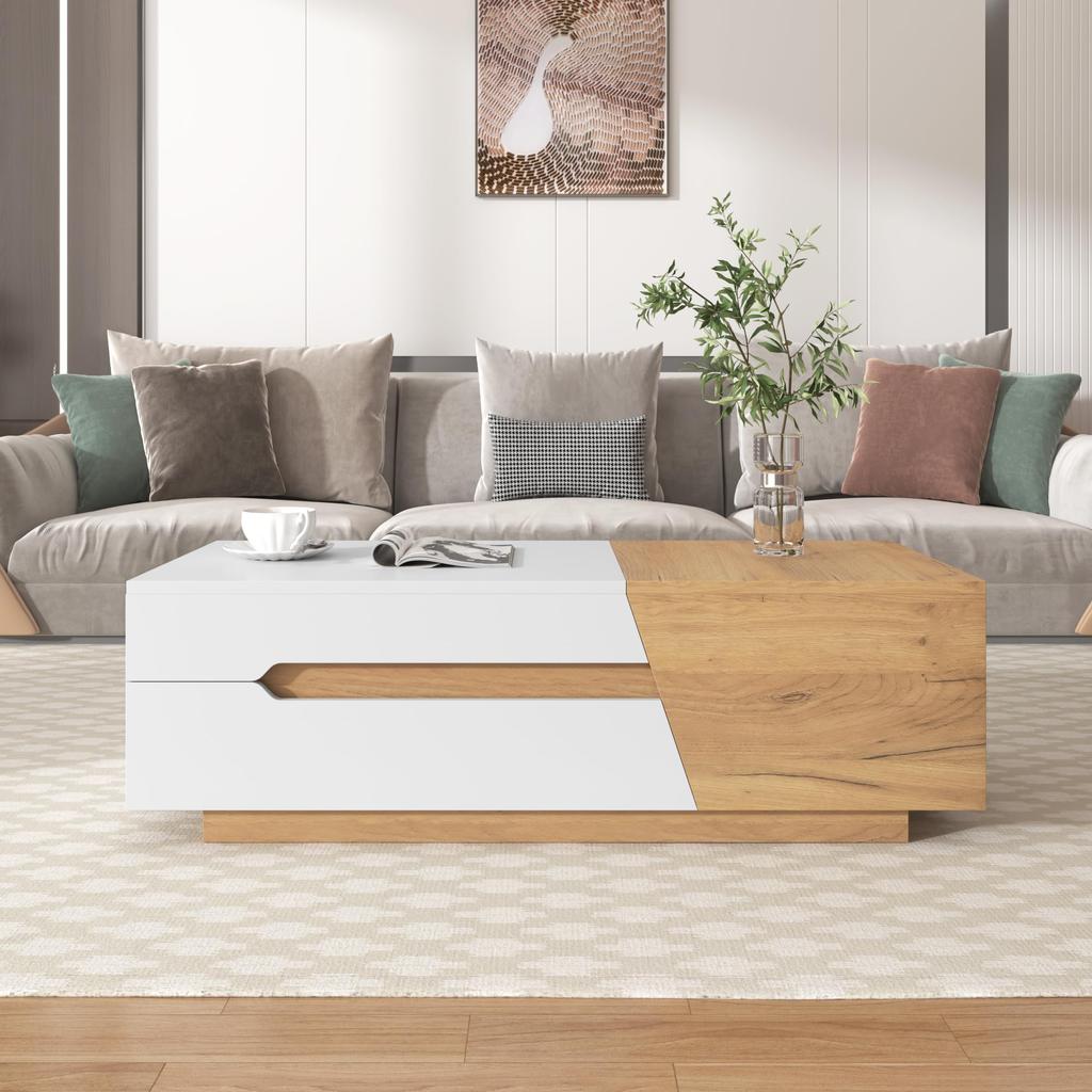 Ausziehbarer Couchtisch 120x50x37,5 cm, mit Schubladen, Beistelltisch mit Schiebemechanismus, für Wohnzimmer, Weiß+ Holzfarbe