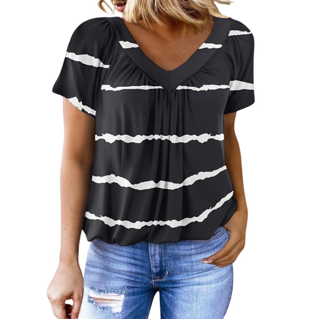 Women's Casual V Neck Short Sleeve Top Geometric Print Pleated Design Lightweight Soft Fabric Blouse for Everyday Wear