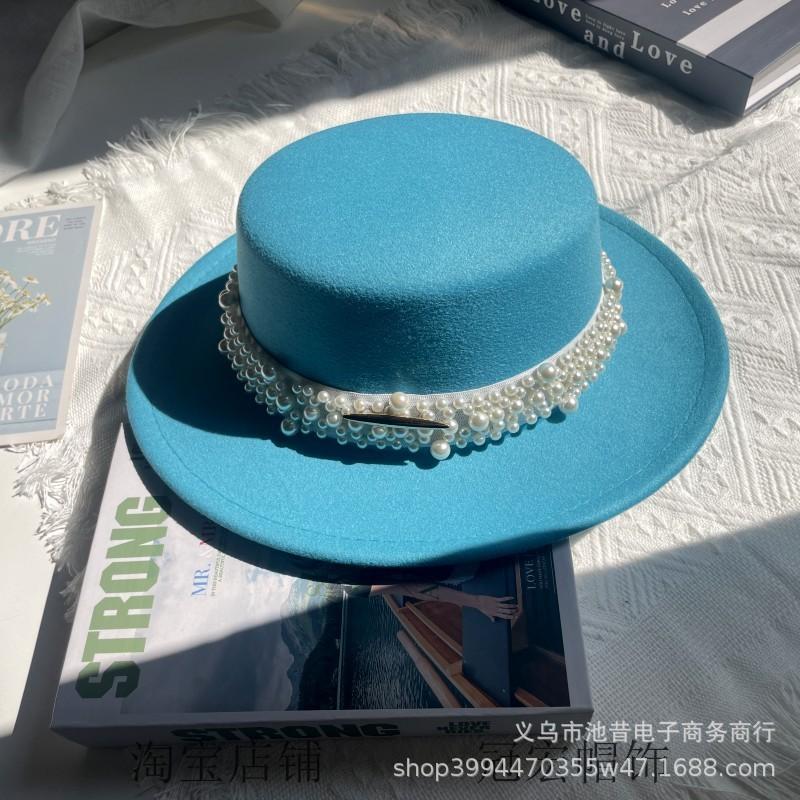 White Pearl Flat Top Woolen Top Hat Female Autumn and Winter British Retro Socialite Elegant French Wide Brim