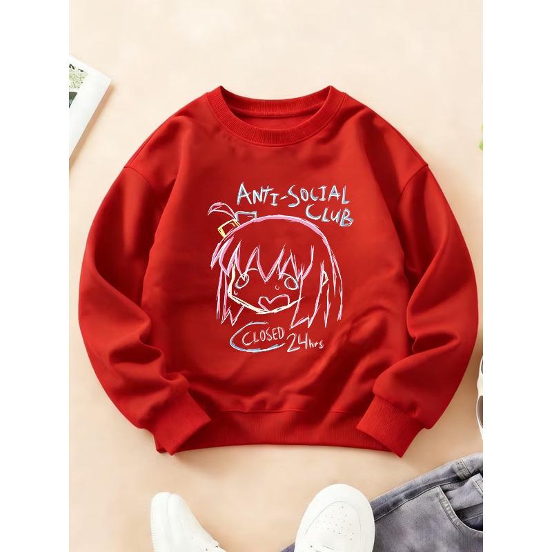 Kids Crewneck Sweatshirt, Anti-Social Anime Girl Loungewear Graphic Print Top for Autumn Winter