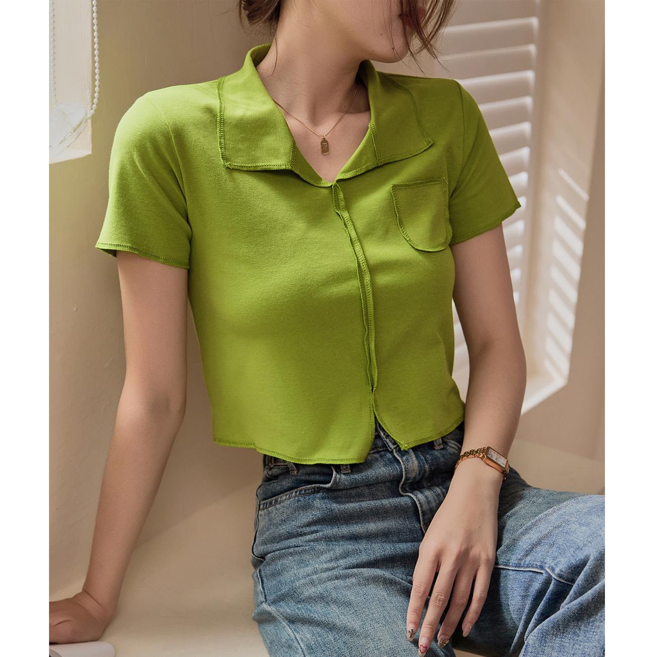 

Футболка премиум-класса из чистого хлопка с рисунком #topstitch, женская летняя новинка, с высокой талией, короткими лацканами и короткими рукавами XL