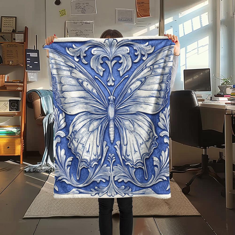 Blue and White Butterflies Print Flannel Blanket, High quality Comfortable for All Seasons, Home Decor, Warmth and Comfort