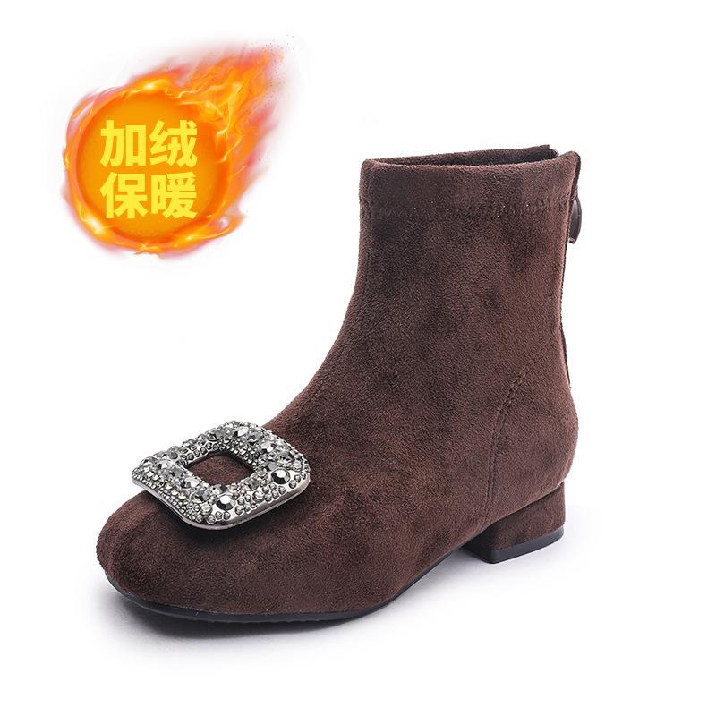 2025 new girls high heels shiny girls square head rhinestone buckle short boots autumn and winter warm temperament suede fashion boots