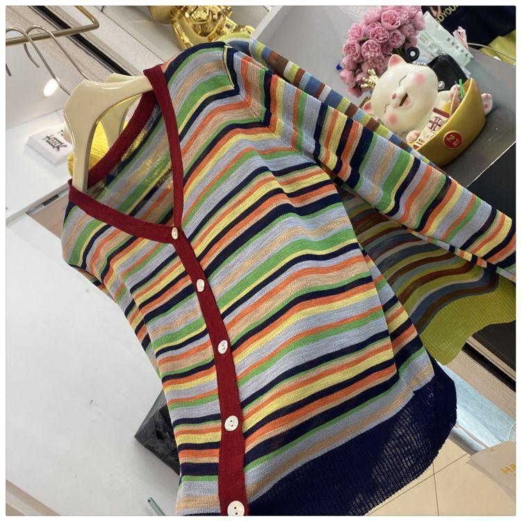 Herbst Winter Gestreifter Patchwork Cardigan Pullover Damen Vintage Locker Lässig Mode Strick V-Ausschnitt Knopf Oberteil
