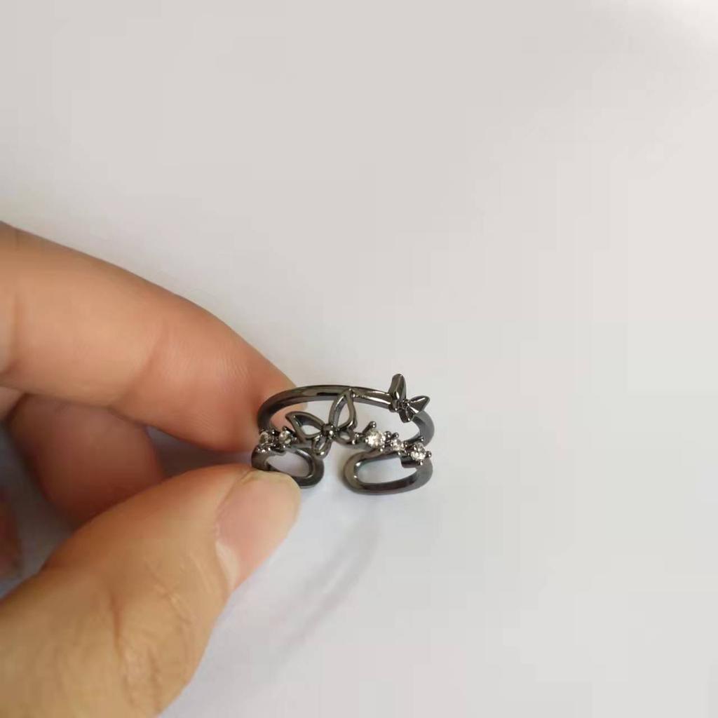 High-quality Retro Double-layer Ring for Women, Niche Ins Copper Micro-inlaid Zircon Butterfly Live Adjustable Simple Ring