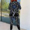 Women Plus Size Two Piece Set Round Neck Long Sleeve Black Gold Printed Top Fitted Pants