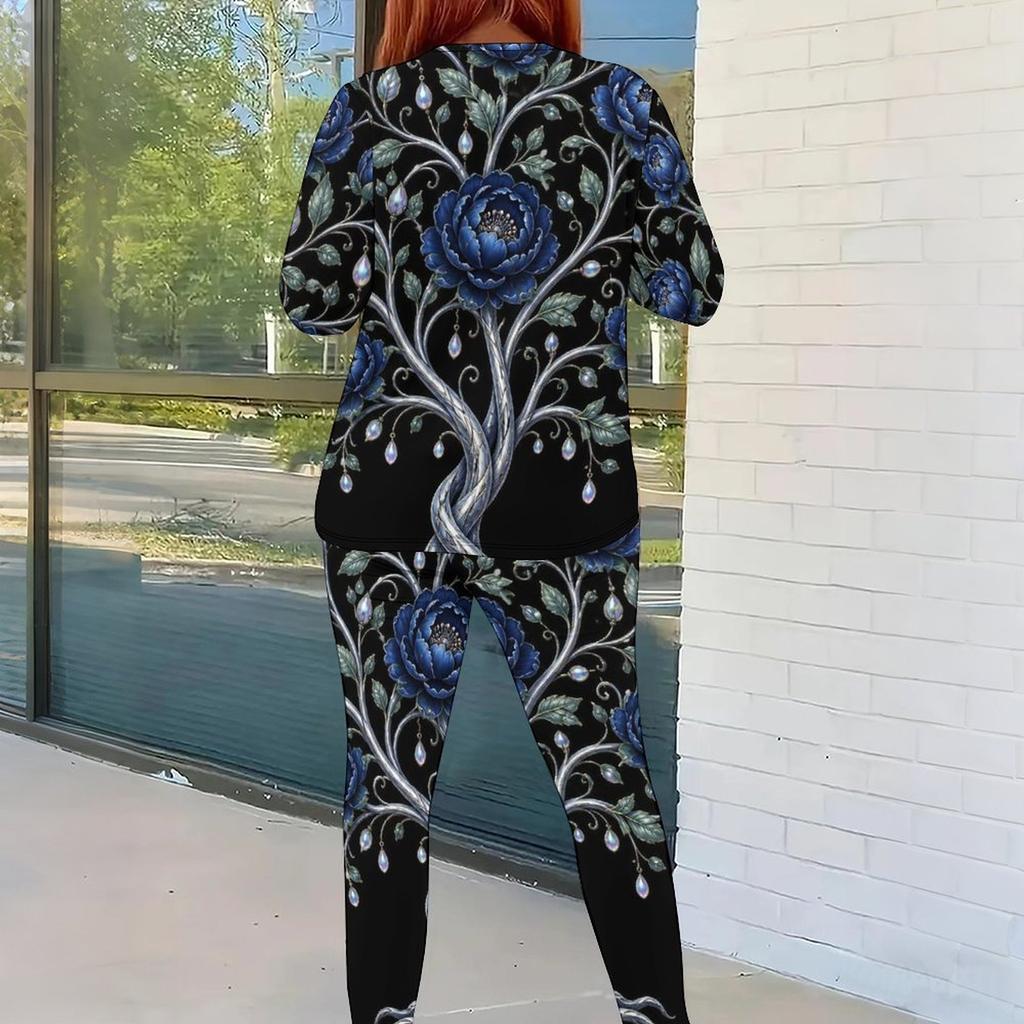 Women Plus Size Two Piece Set Round Neck Long Sleeve Black Gold Printed Top Fitted Pants