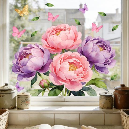 Watercolor Peony Flower Window Cling Floral Butterfly Window Sticker Static PVC Glass Doors Decals for Home Office Living Room