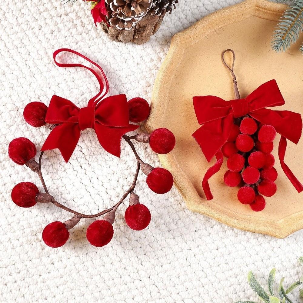 Wreath Shape Velvet Bow Christmas Ornament Christmas Pom Pom Pendant Winter Party Decoration